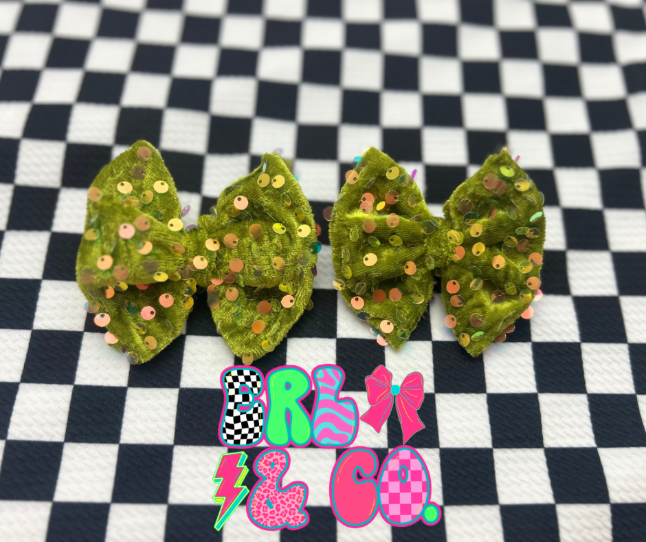 Antique Green Sequin Velvet Bow