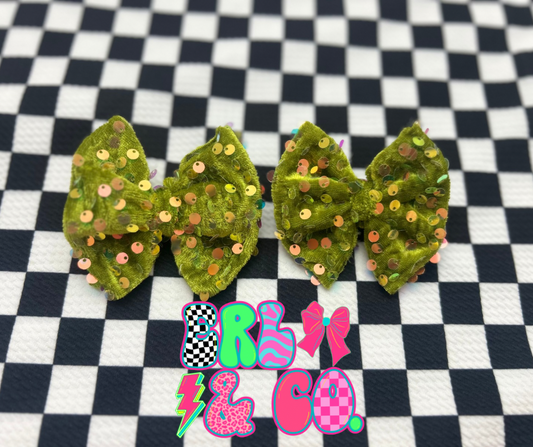 Antique Green Sequin Velvet Bow